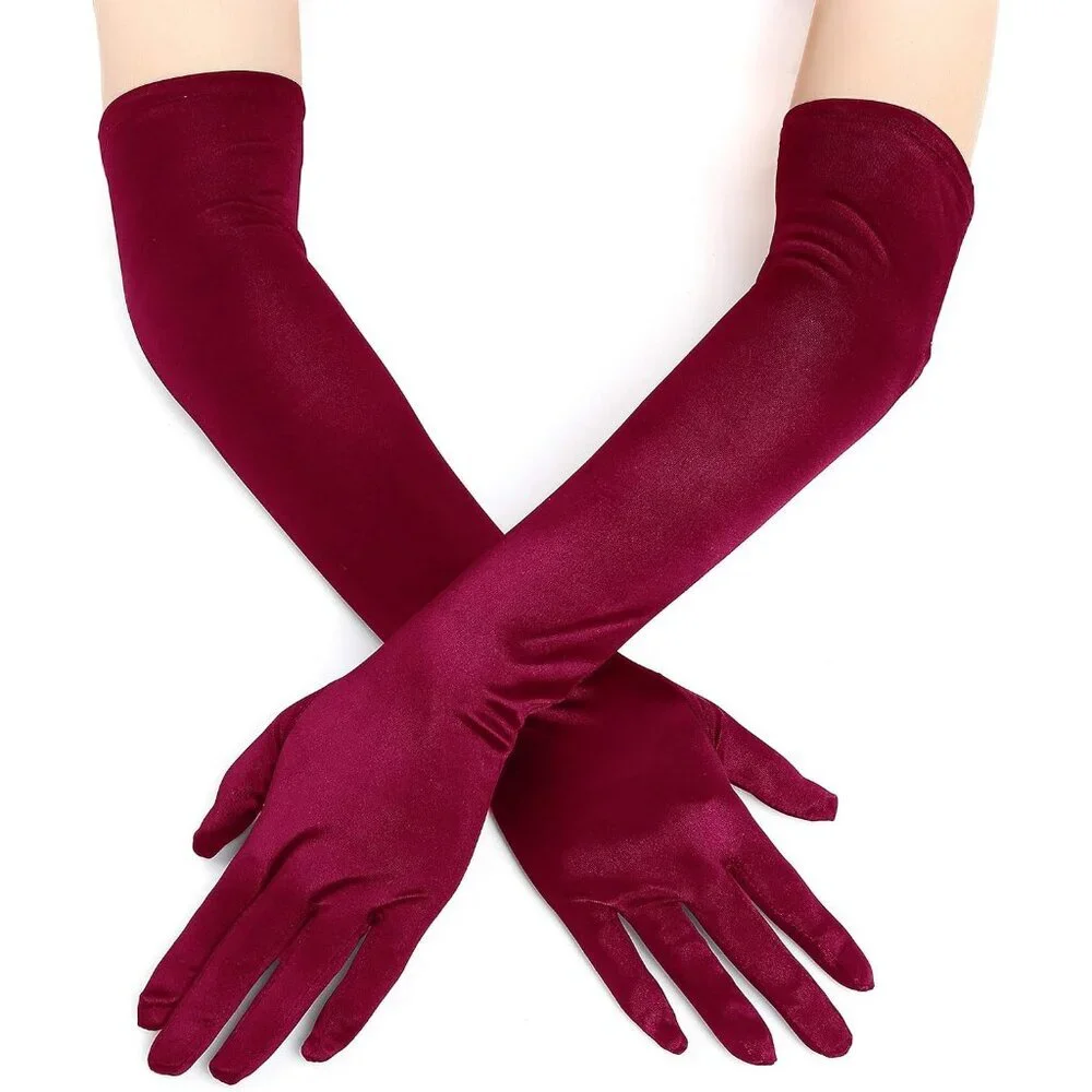 Women's Smooth Wine Red Long Satin Gloves Elbow Length Party Costume Accessory